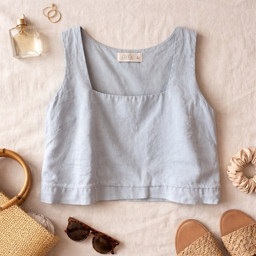 Abercrombie & Fitch Linen Blend Square Neck Crop Tank Top Light Blue Large